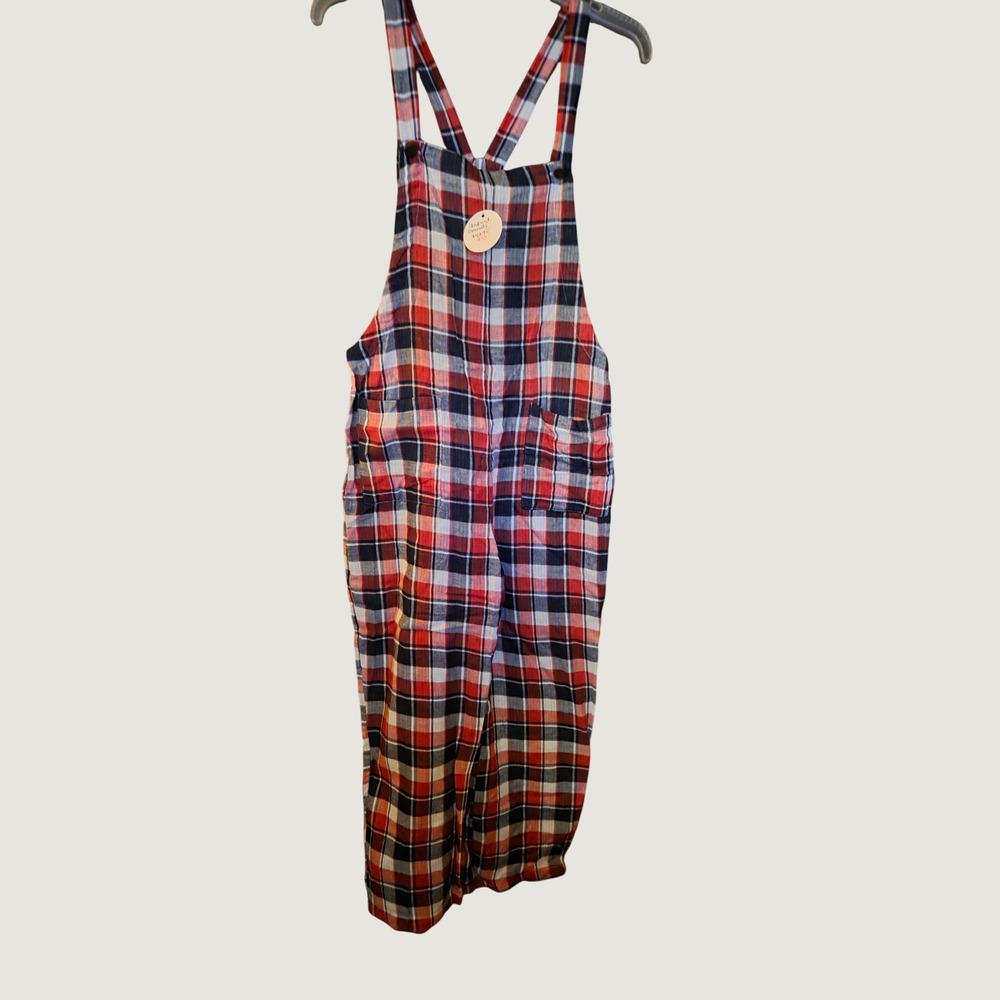 En Creme Red Navy White Plaid Checkered Overalls Smocked Back Size Small NWT